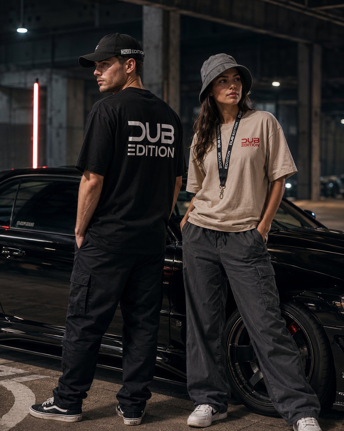 Modelo con gorra Dub Edition en garage